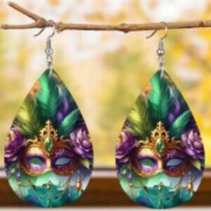 Mask Peacock Feather Artificial Leather Earrings Carnival Mardi Gras Earrings